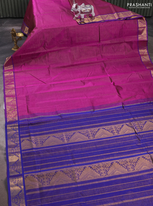 Silk cotton saree purple and blue with allover vairaosi pattern and zari woven temple border