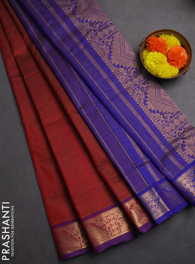 Silk cotton saree maroon and violet with allover vairaosi pattern and zari woven temple border