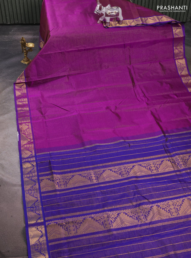 Silk cotton saree purple and blue with allover vairaosi pattern and zari woven border