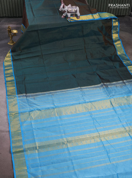 Silk cotton saree dark peacock green and light blue with allover vairaosi pattern and zari woven border