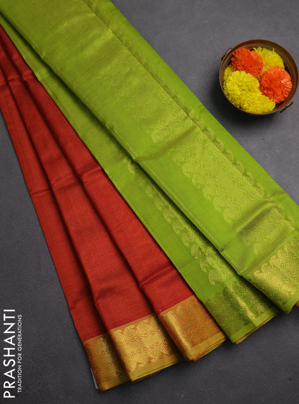 Silk cotton saree rustic orange and lime green with allover vairaosi pattern and zari woven border