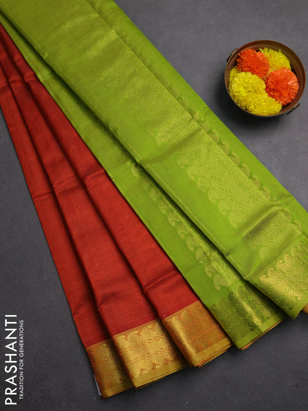Silk cotton saree rustic orange and lime green with allover vairaosi pattern and zari woven border