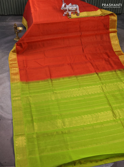 Silk cotton saree rustic orange and lime green with allover vairaosi pattern and zari woven border