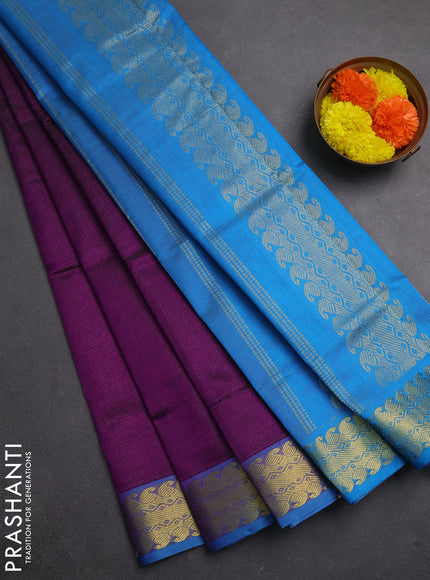 Silk cotton saree purple and cs blue with allover vairaosi pattern and zari woven border