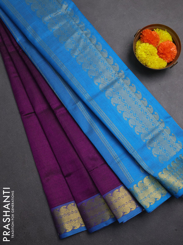 Silk cotton saree purple and cs blue with allover vairaosi pattern and zari woven border