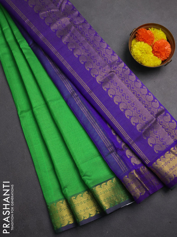 Silk cotton saree parrot green and violet with allover vairaosi pattern and zari woven border
