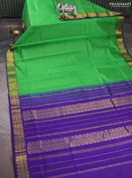 Silk cotton saree parrot green and violet with allover vairaosi pattern and zari woven border
