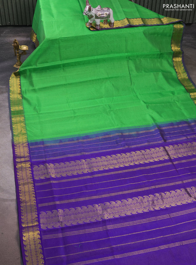 Silk cotton saree parrot green and violet with allover vairaosi pattern and zari woven border