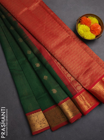 Silk cotton saree green and red with allover vairaosi pattern & zari buttas and zari woven border