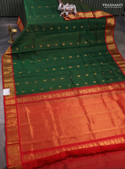 Silk cotton saree green and red with allover vairaosi pattern & zari buttas and zari woven border
