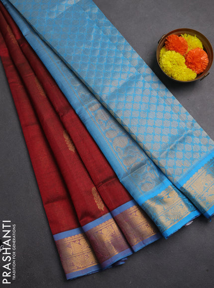 Silk cotton saree maroon and light blue with allover vairaosi pattern & zari buttas and zari woven border