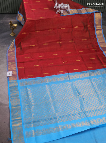 Silk cotton saree maroon and light blue with allover vairaosi pattern & zari buttas and zari woven border
