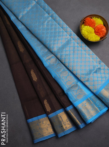 Silk cotton saree coffee brown and light blue with allover vairaosi pattern & zari buttas and zari woven border
