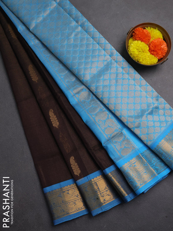 Silk cotton saree coffee brown and light blue with allover vairaosi pattern & zari buttas and zari woven border