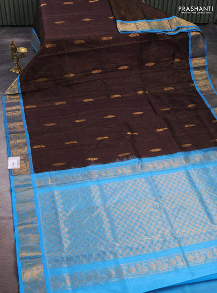 Silk cotton saree coffee brown and light blue with allover vairaosi pattern & zari buttas and zari woven border