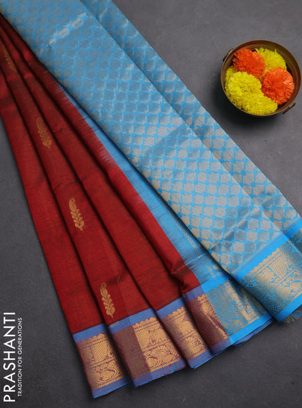 Silk cotton saree maroon and cs blue with allover vairaosi pattern & zari buttas and zari woven border