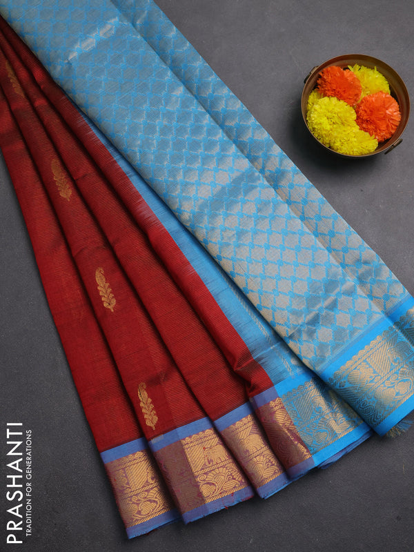Silk cotton saree maroon and cs blue with allover vairaosi pattern & zari buttas and zari woven border