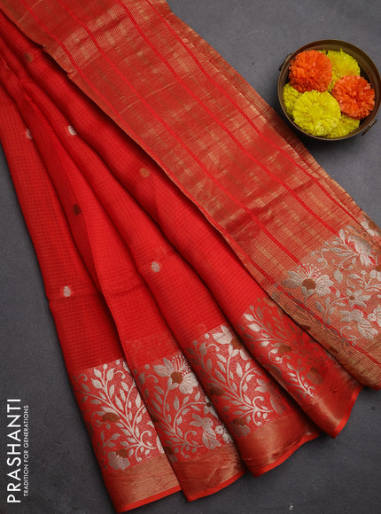 Silk kota saree orange with thread & zari woven buttas and long zari woven border