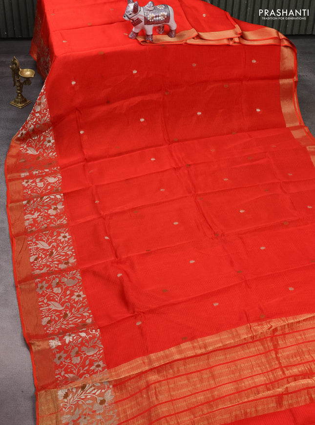 Silk kota saree orange with thread & zari woven buttas and long zari woven border