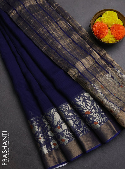 Silk kota saree navy blue with thread & zari woven buttas and long zari woven border