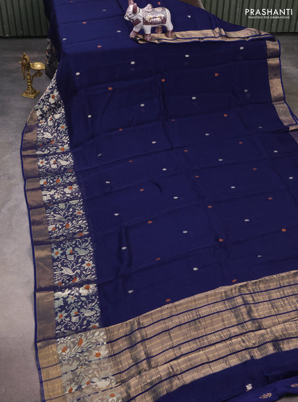 Silk kota saree navy blue with thread & zari woven buttas and long zari woven border
