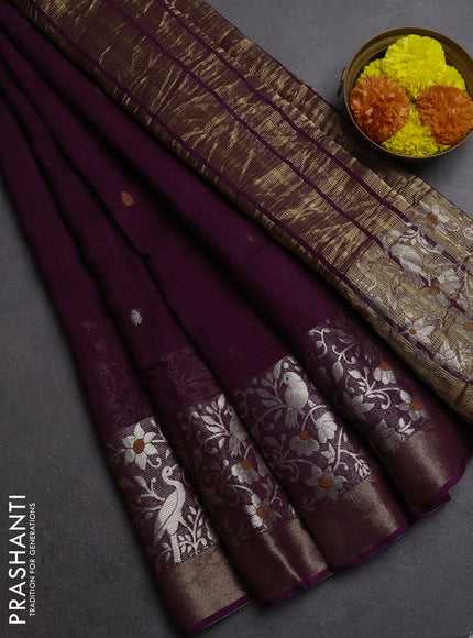Silk kota saree wine shade with thread & zari woven buttas and long zari woven border
