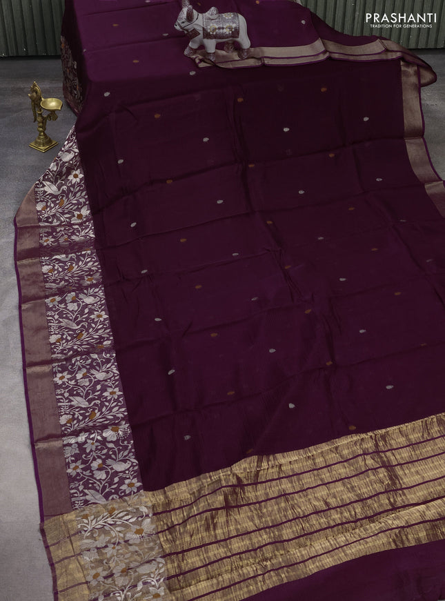 Silk kota saree wine shade with thread & zari woven buttas and long zari woven border