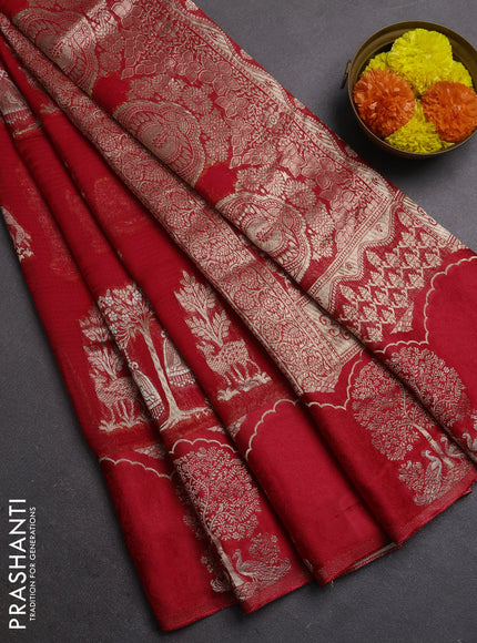 Silk kota saree red with allover zari woven buttas and zari woven butta border