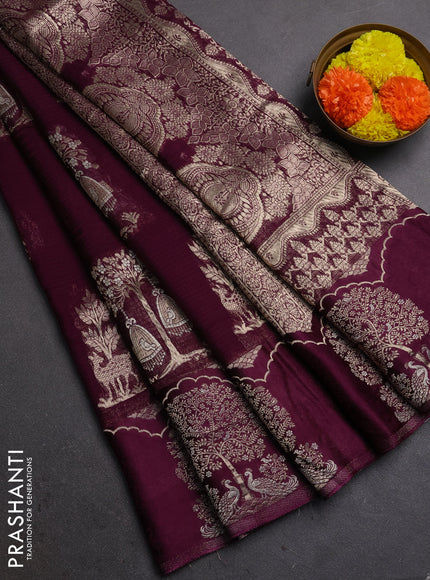 Silk kota saree wine shade with allover zari woven buttas and zari woven butta border