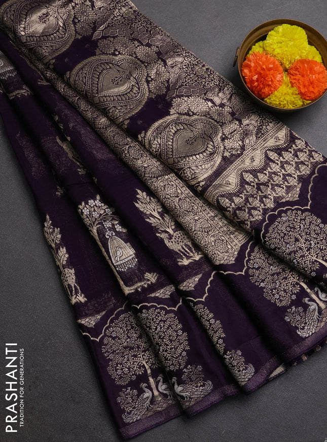Silk kota saree deep violet with allover zari woven buttas and zari woven butta border