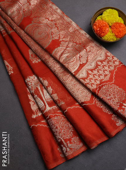 Silk kota saree rustic orange with allover zari woven buttas and zari woven butta border