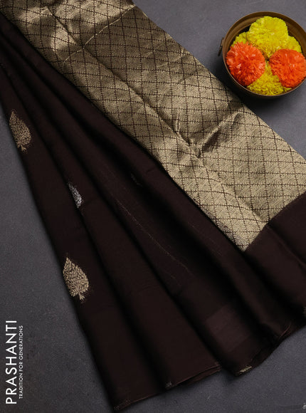 Silk kota saree coffee brown with allover silver & gold zari woven buttas and simple border