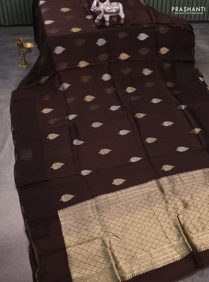 Silk kota saree coffee brown with allover silver & gold zari woven buttas and simple border