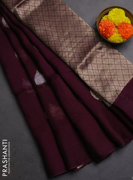 Silk kota saree wine shade with allover silver & gold zari woven buttas and simple border
