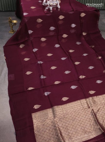 Silk kota saree wine shade with allover silver & gold zari woven buttas and simple border