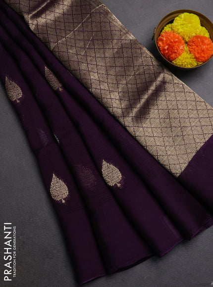 Silk kota saree deep violet with allover silver & gold zari woven buttas and simple border