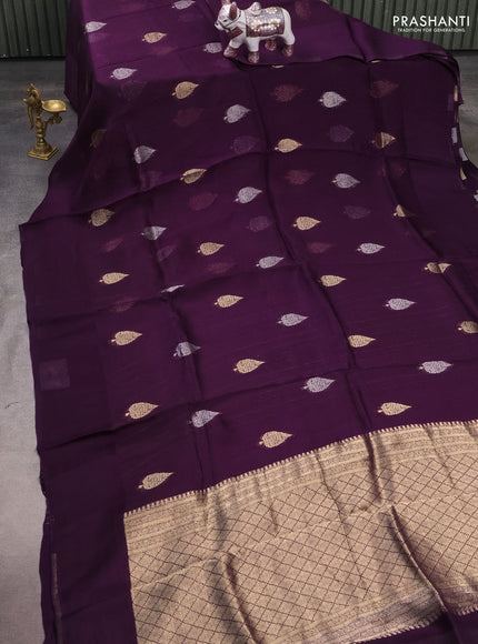 Silk kota saree deep violet with allover silver & gold zari woven buttas and simple border