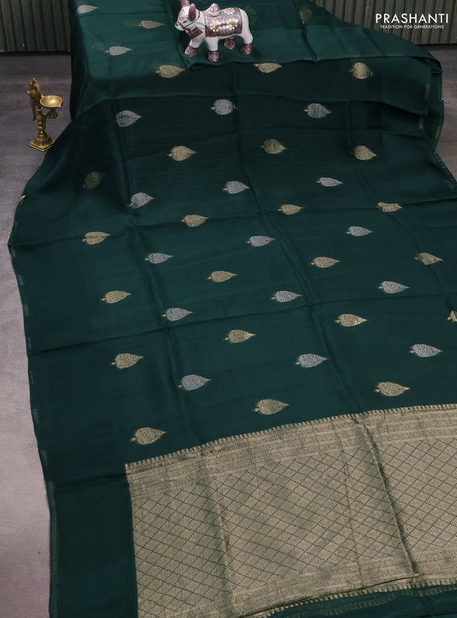 Silk kota saree green with allover silver & gold zari woven buttas and simple border