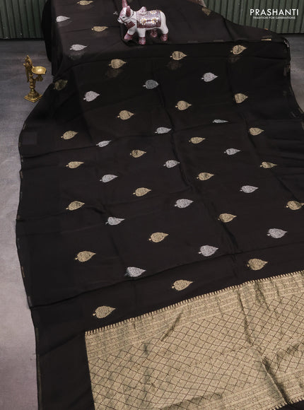 Silk kota saree black with allover silver & gold zari woven buttas and simple border