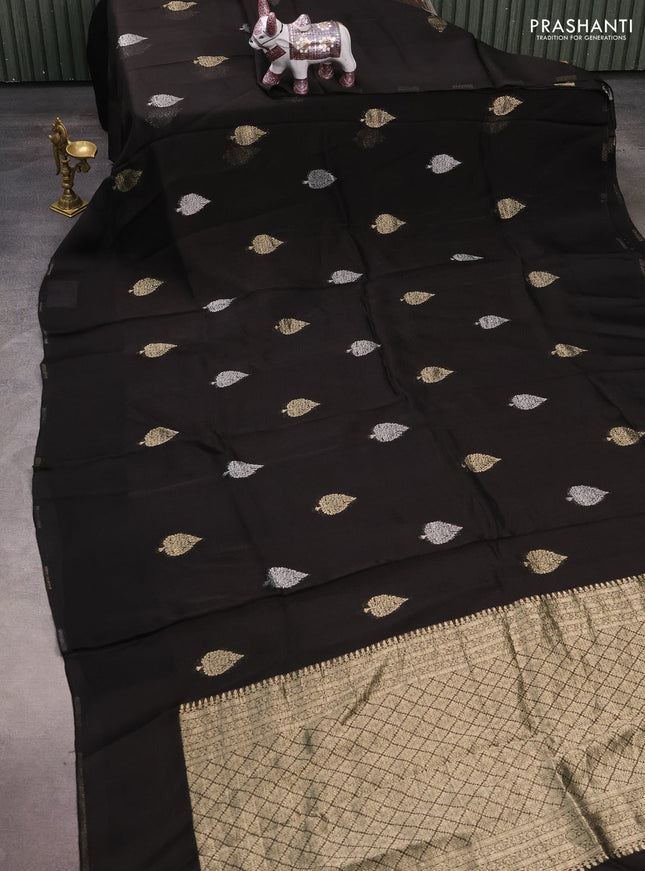 Silk kota saree black with allover silver & gold zari woven buttas and simple border