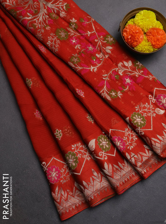 Silk kota saree rustic orange with allover thread & zari woven buttas and zari woven border