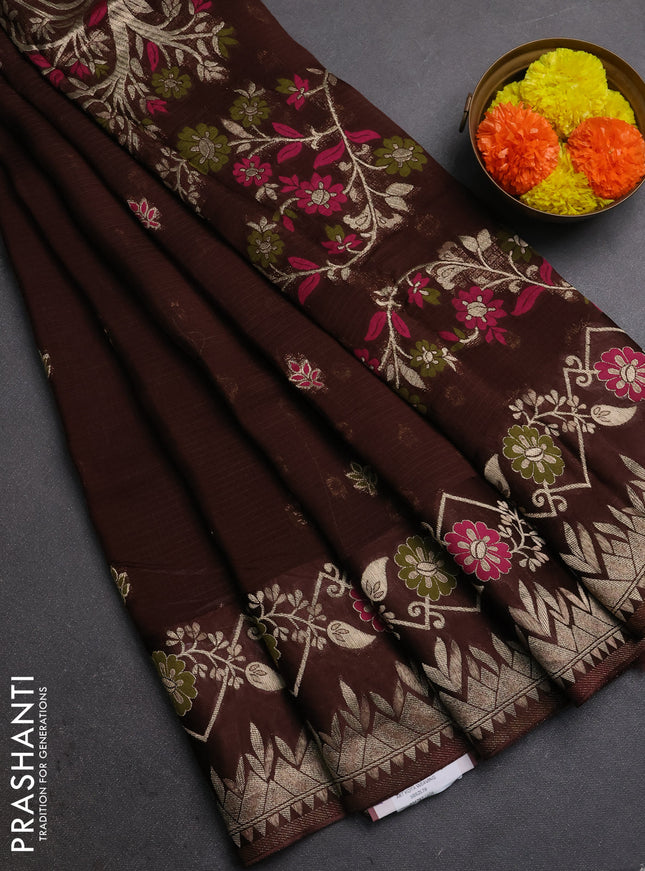 Silk kota saree coffee brown with allover thread & zari woven buttas and zari woven border