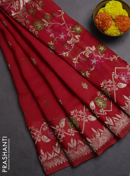 Silk kota saree red with allover thread & zari woven buttas and zari woven border