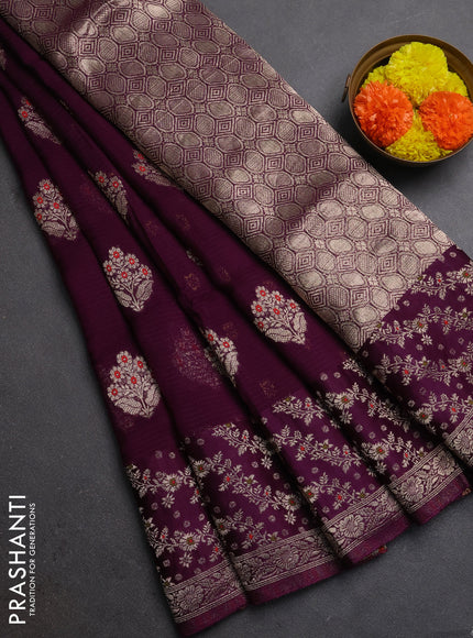 Silk kota saree wine shade with allover thread & zari woven floral buttas and zari woven border