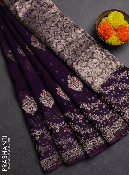 Silk kota saree deep violet with allover thread & zari woven floral buttas and zari woven border