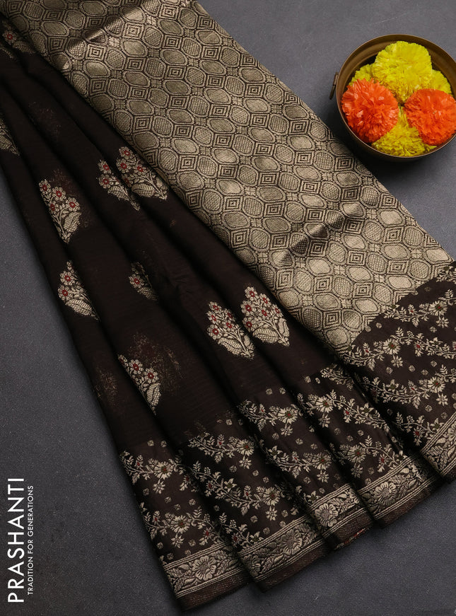Silk kota saree coffee brown with allover thread & zari woven floral buttas and zari woven border