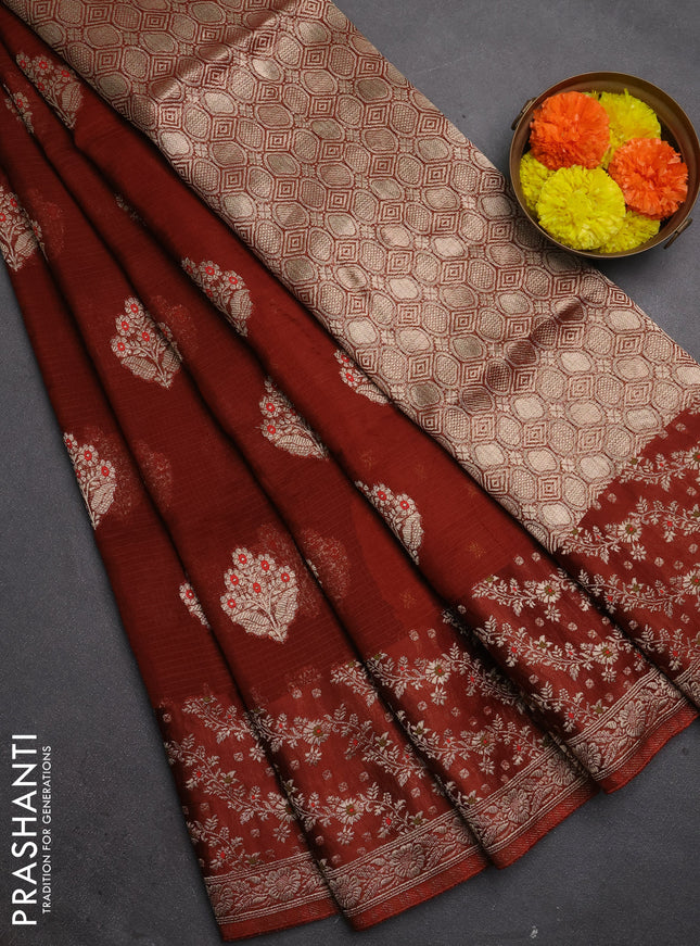 Silk kota saree rust shade with allover thread & zari woven floral buttas and zari woven border