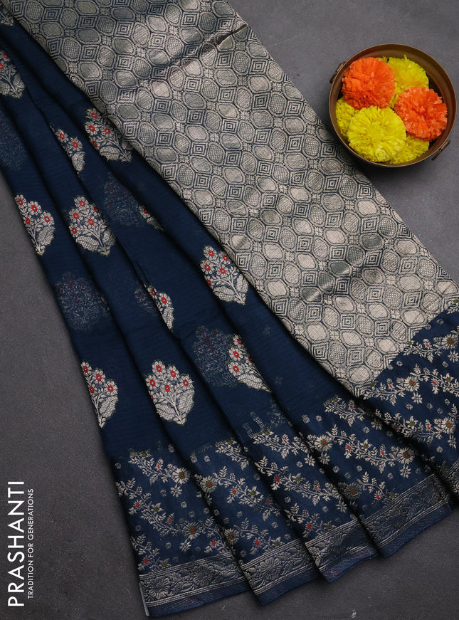 Silk kota saree peacock blue with allover thread & zari woven floral buttas and zari woven border
