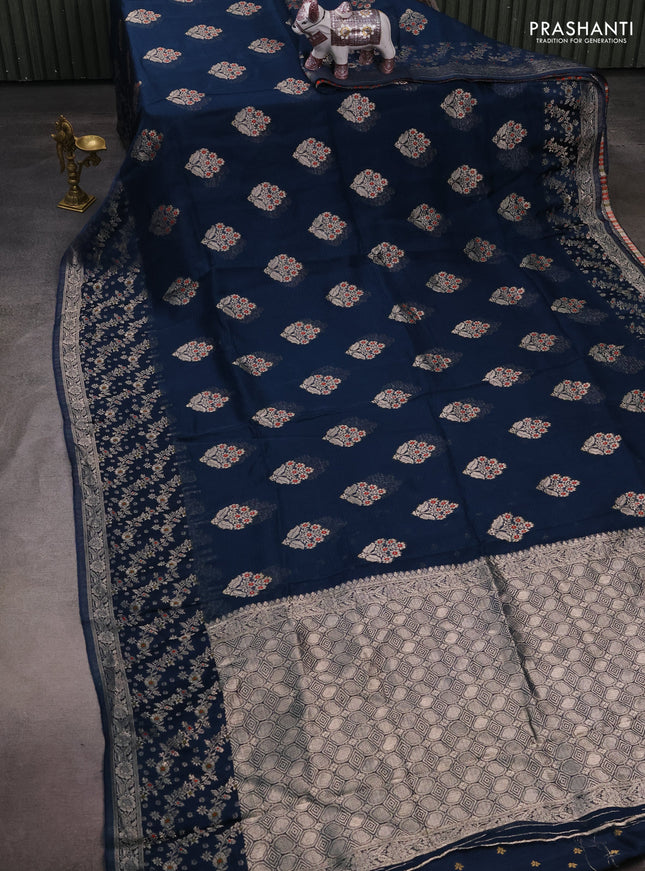 Silk kota saree peacock blue with allover thread & zari woven floral buttas and zari woven border