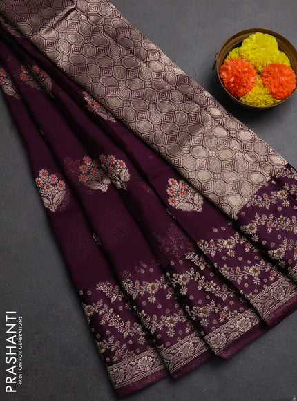Silk kota saree wine shade with allover thread & zari woven floral buttas and zari woven border